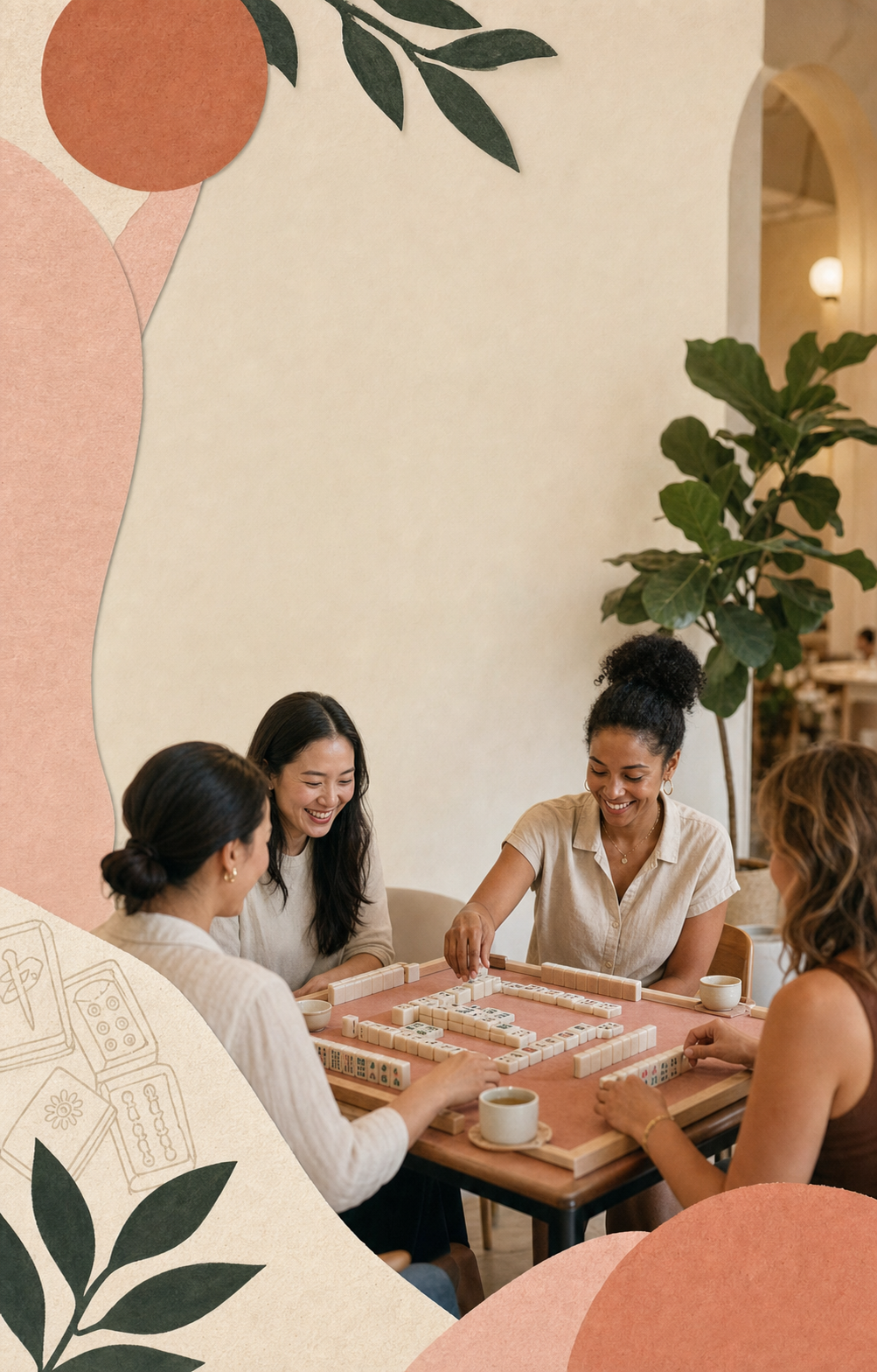 Friends gathered around a blush pink American Mahjong table