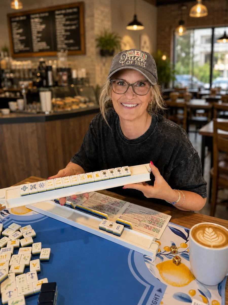 Jackie smiling at a mahjong table in Fort Collins while holding up her tile rack